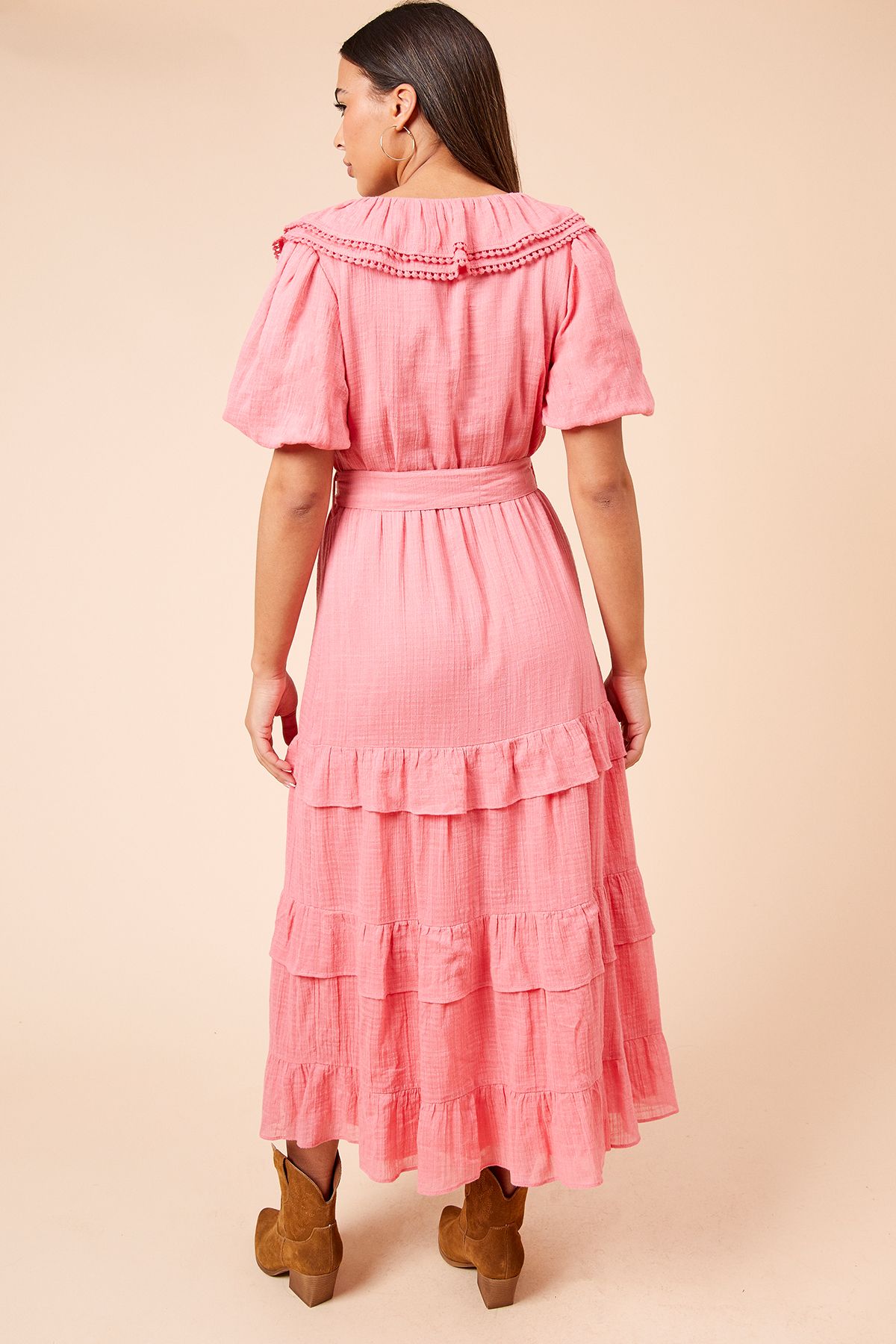 Dorothy Perkins Scoop Neck Ruffle Tiered Midi Dress Pink image 3