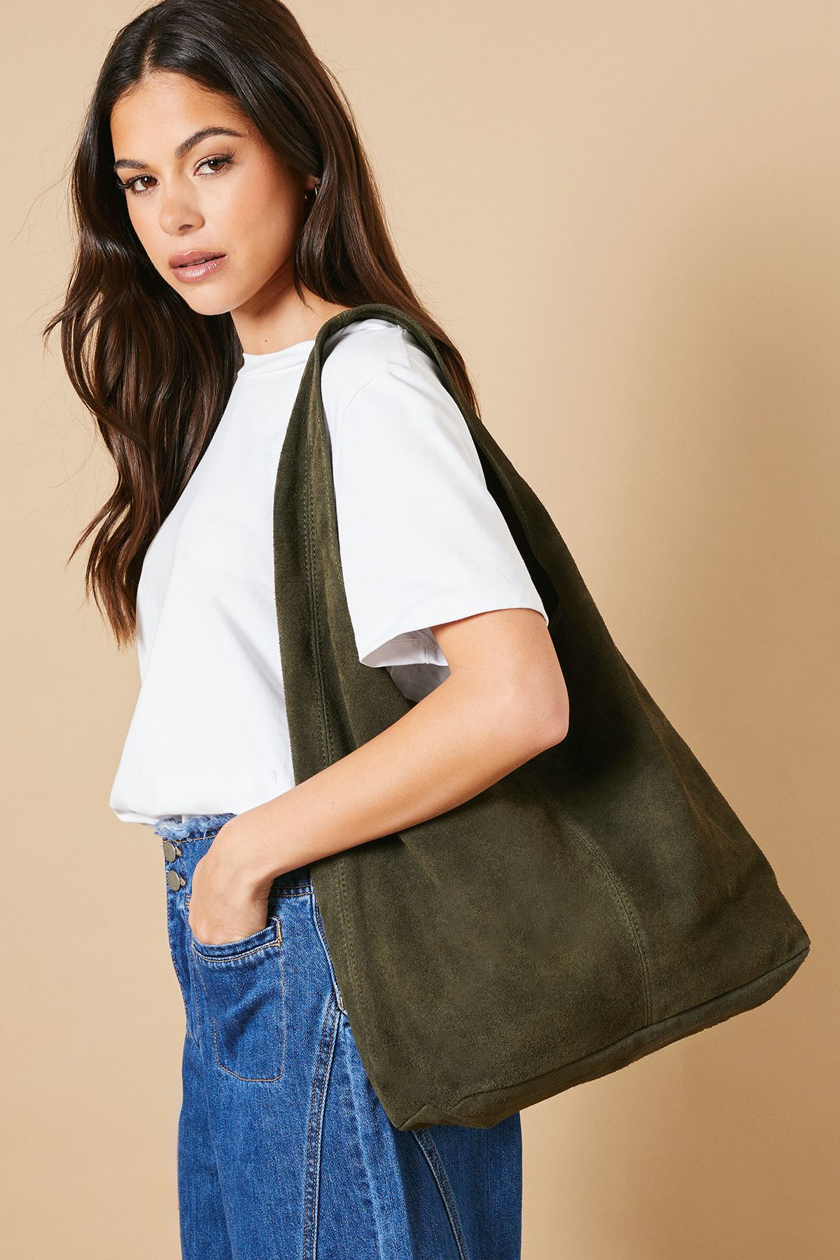 Oasis Mirabeth Suede Slouch Bag Khaki image 2