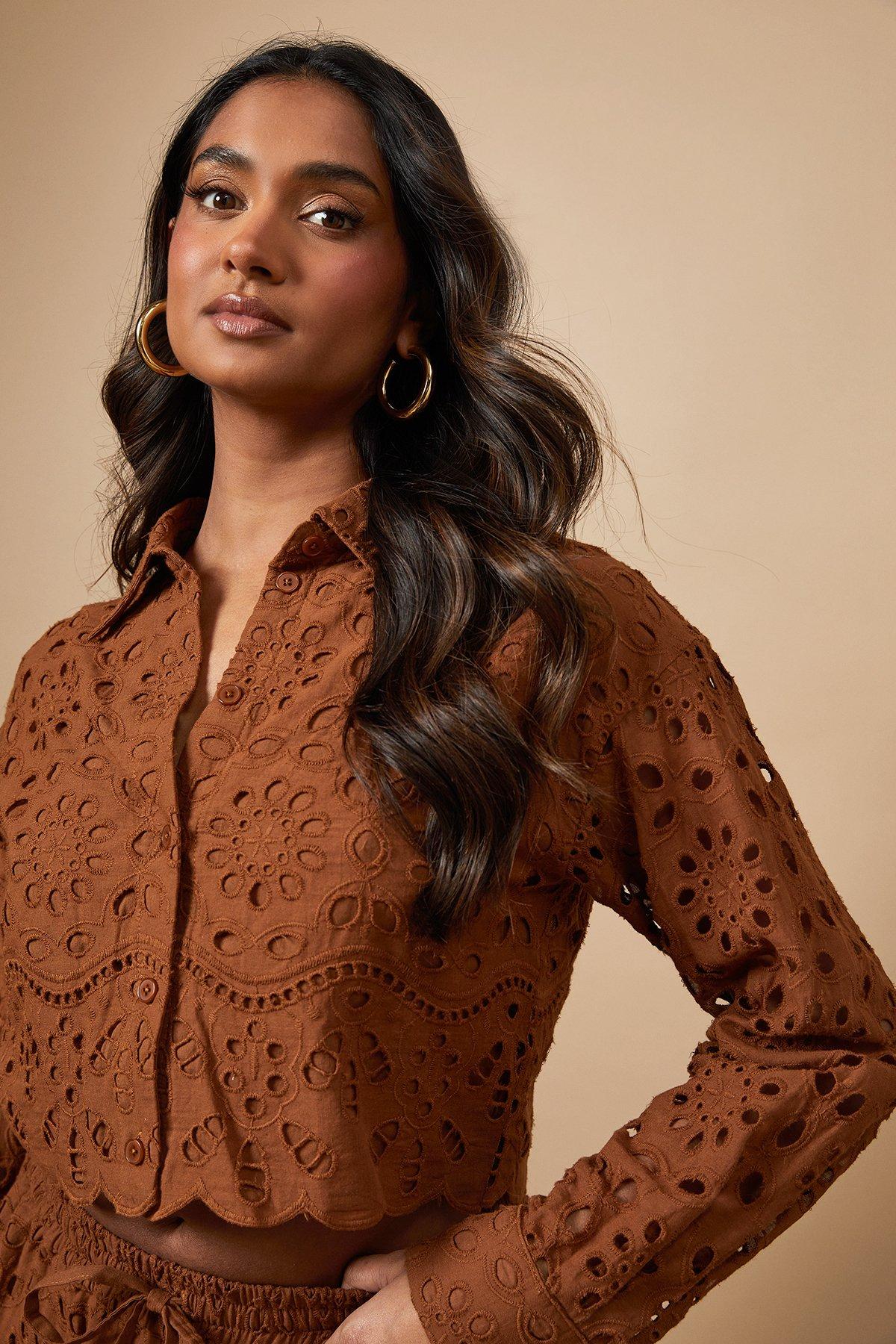 Oasis Broderie Cropped Long Sleeve Shirt Tobacco image 2