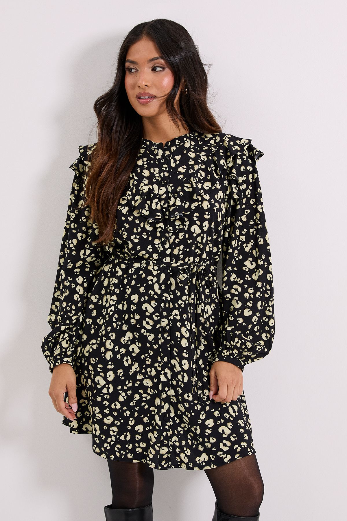 Dorothy Perkins Petite Yellow Animal Frill Yoke Belted Mini Shirt Dress Yellow image 1