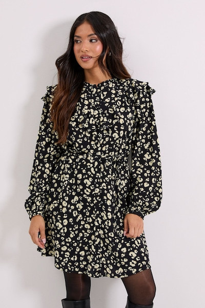 Dorothy Perkins Petite Yellow Animal Frill Yoke Belted Mini Shirt Dress Yellow