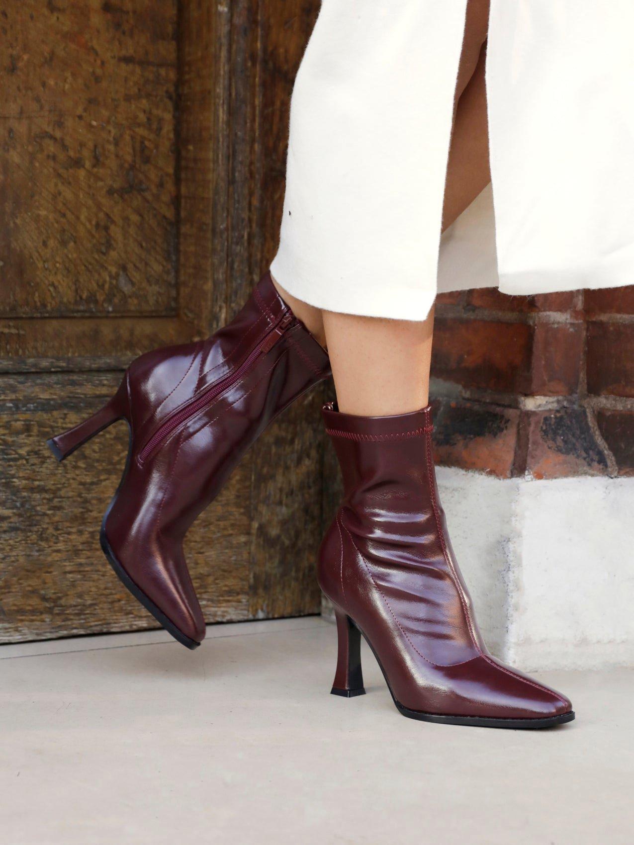 Linzi Noelle Burgundy Faux Leather Square Toe Heeled Sock Boot image 6