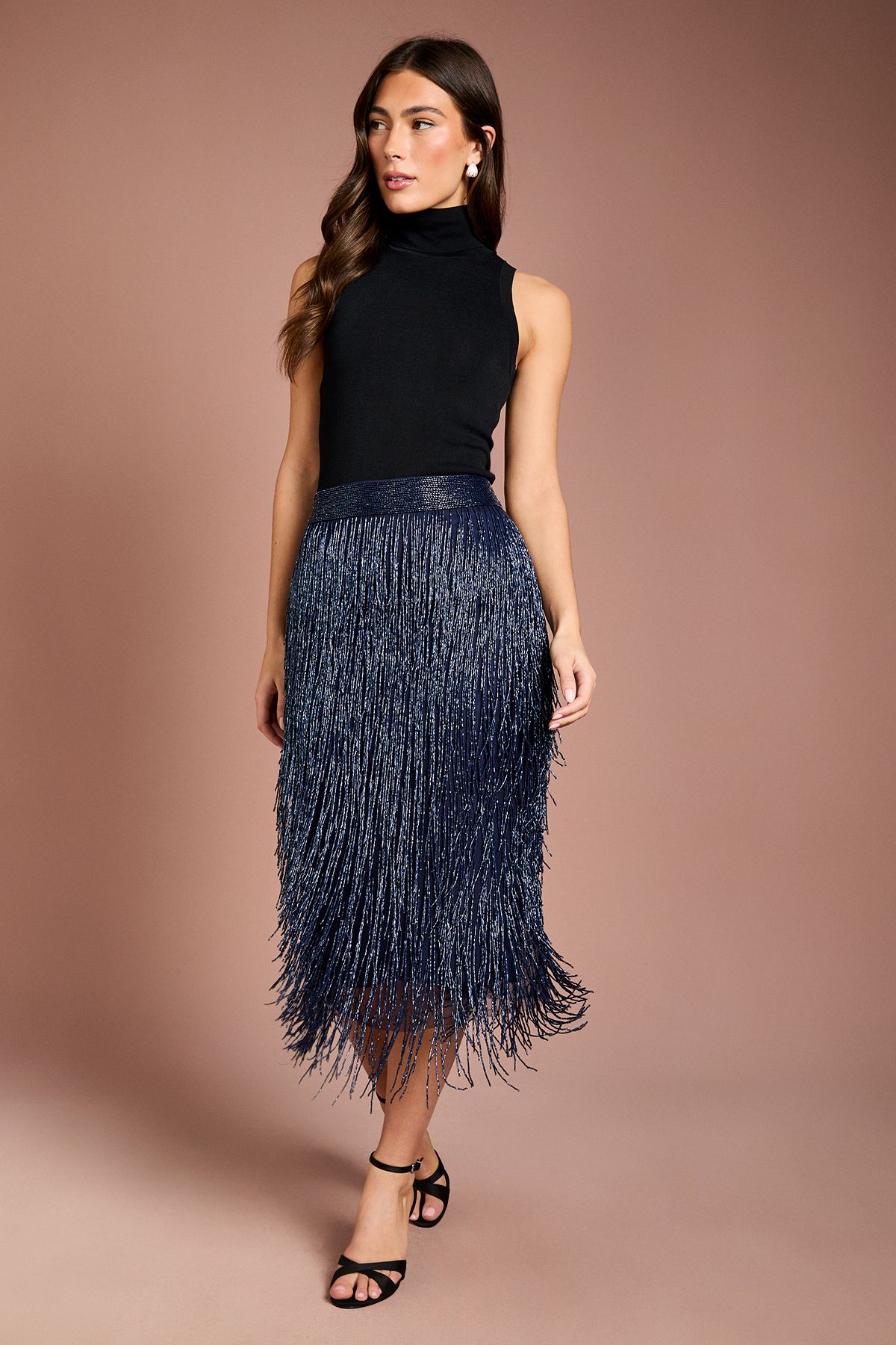 Coast Fringe Embellished Midi Skirt Navy