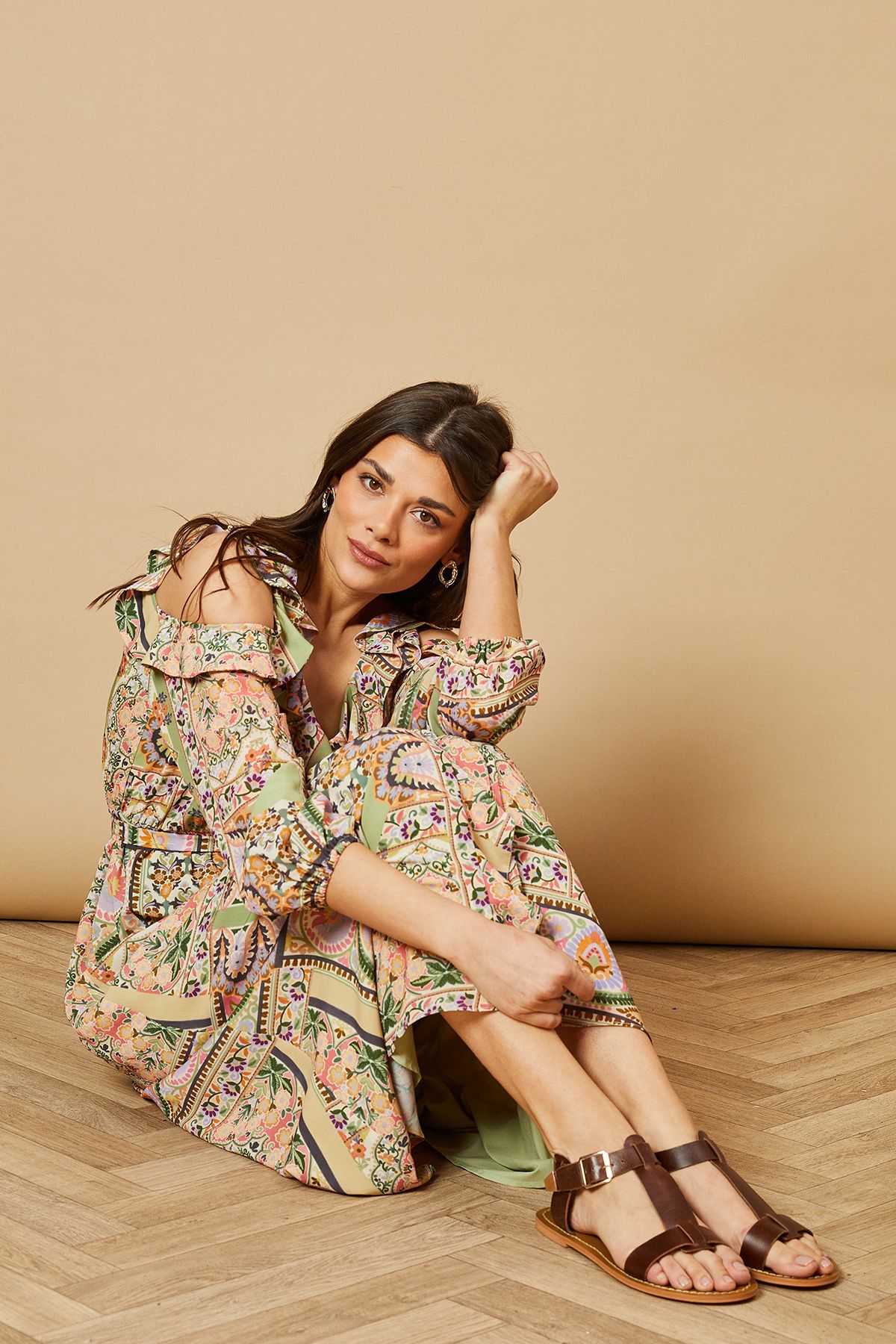 Oasis Fia Real Leather Buckle Detail T-Bar Flat Sandals Brown image 1