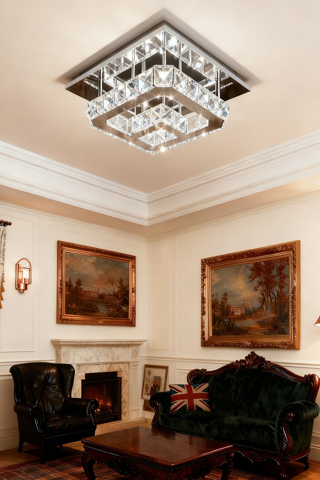 Living and Home Non-Dimmable Crystal Square Double Layer LED Ceiling Light Cool White image 1