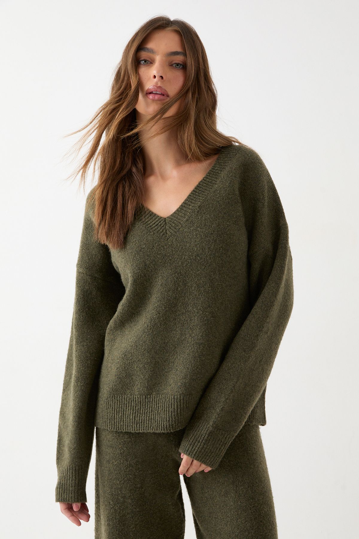MissPap Oversized Knitted V Neck Rib Detail Jumper Khaki image 1