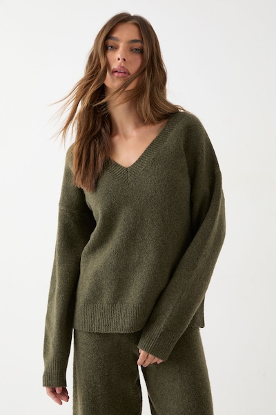 MissPap Oversized Knitted V Neck Rib Detail Jumper Khaki