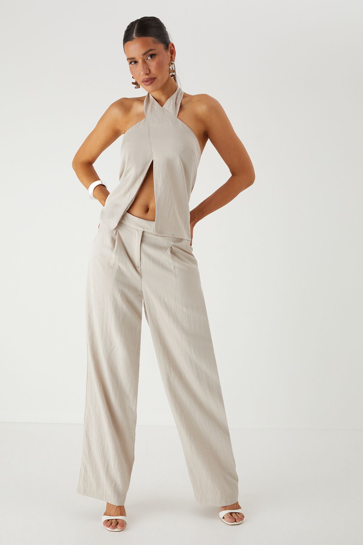 MissPap Twill Cross Over Halterneck Top Stone image 2