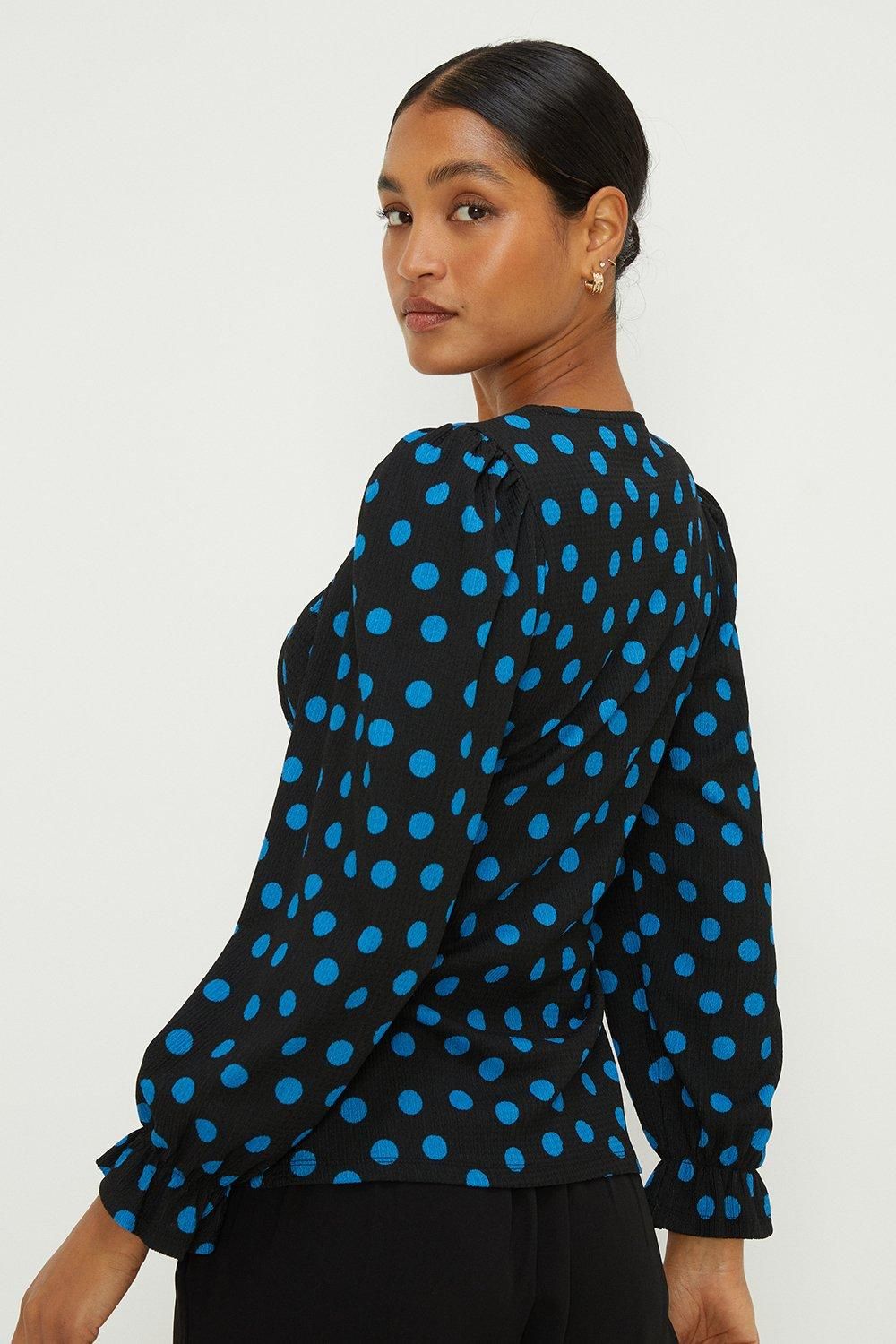 Dorothy Perkins Spot Shirred Cuff Textured Long Sleeve Top Cobalt image 3
