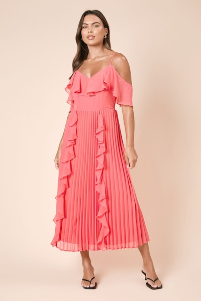 Dorothy Perkins DP Luxe Ruffle Front Cold Shoulder Midi Dress Coral