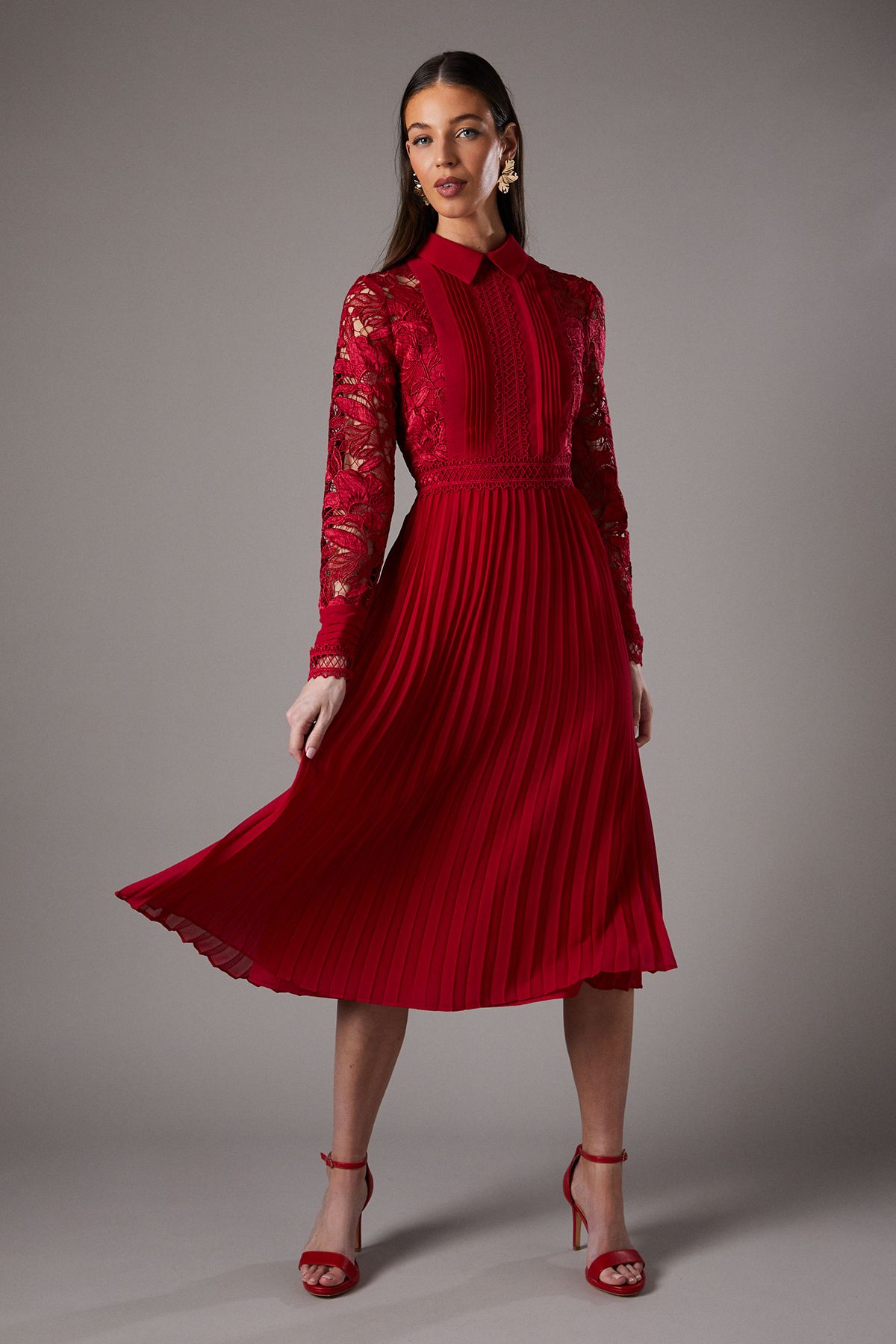 Coast Long Sleeve Lace and Pleated Midi Shirt Dress Red image 1