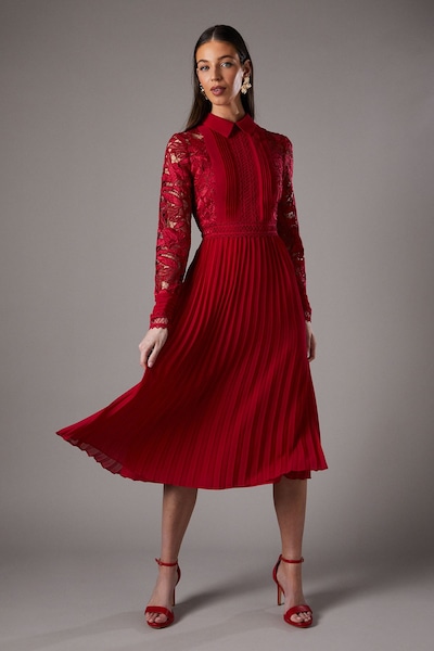 Coast Long Sleeve Lace and Pleated Midi Shirt Dress Red