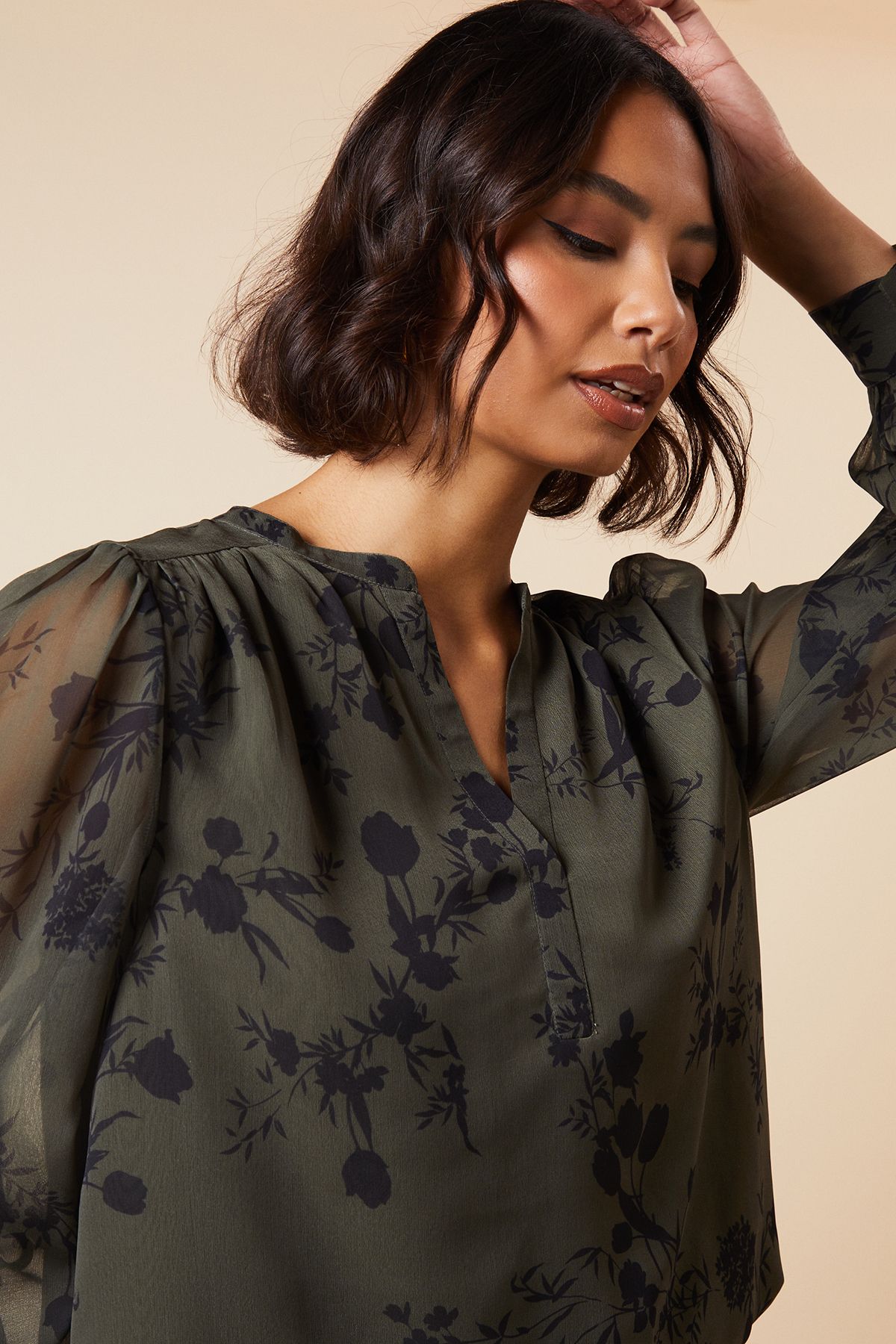 Dorothy Perkins Khaki Floral Chiffon Overhead Shirt Khaki image 2