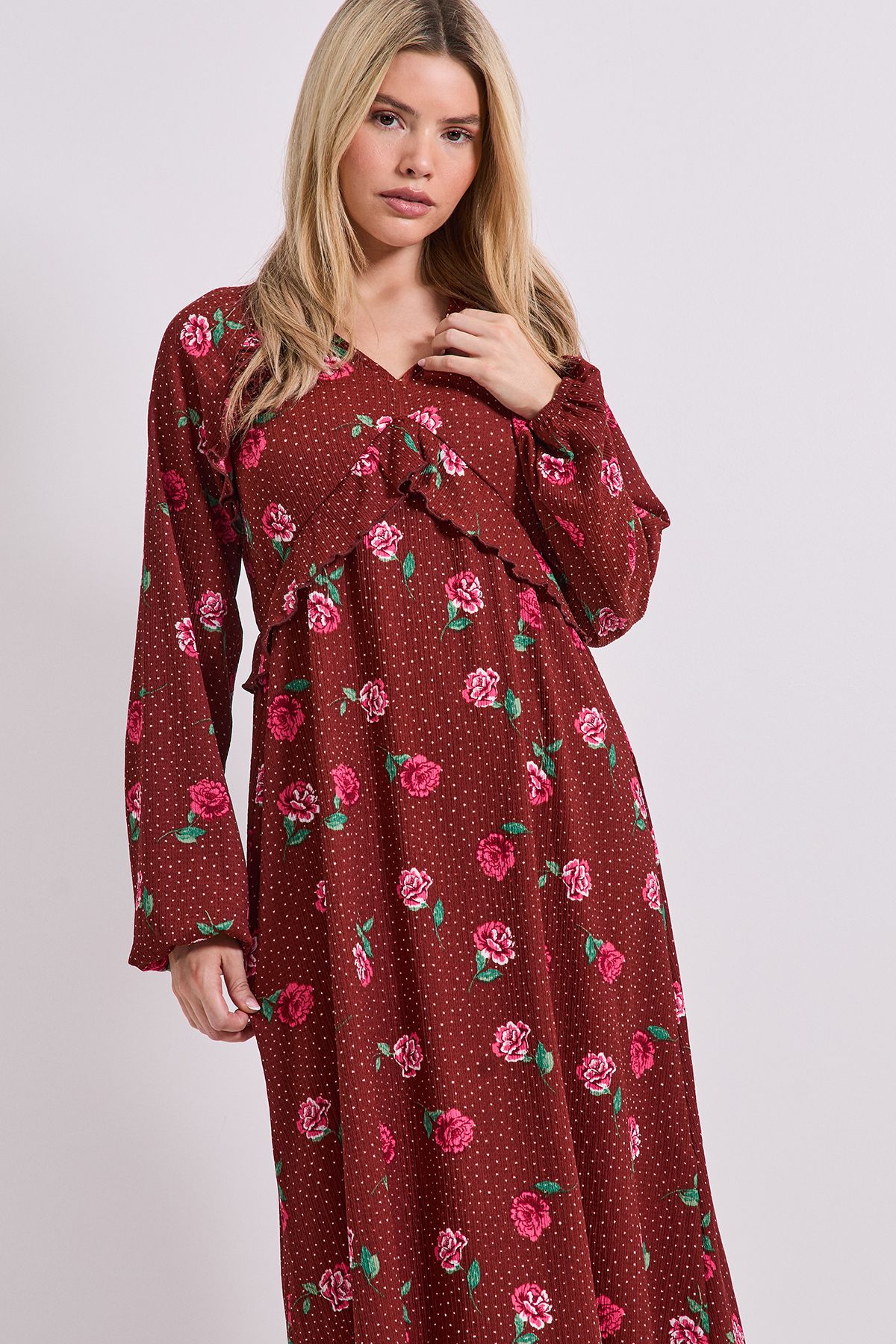 Dorothy Perkins Floral Empire Seam Frill Detail Jersey Midi Dress Burgundy image 2