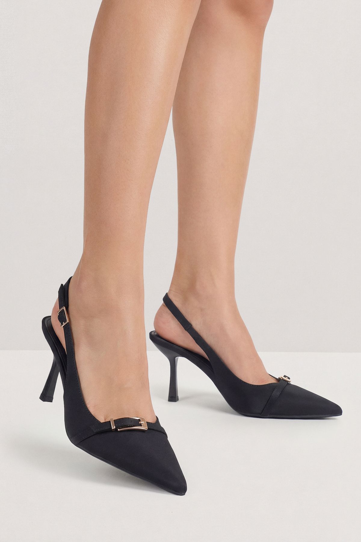 MissPap Black Textile Buckle Detail Slingback High Stiletto Heeled Court Shoes Black