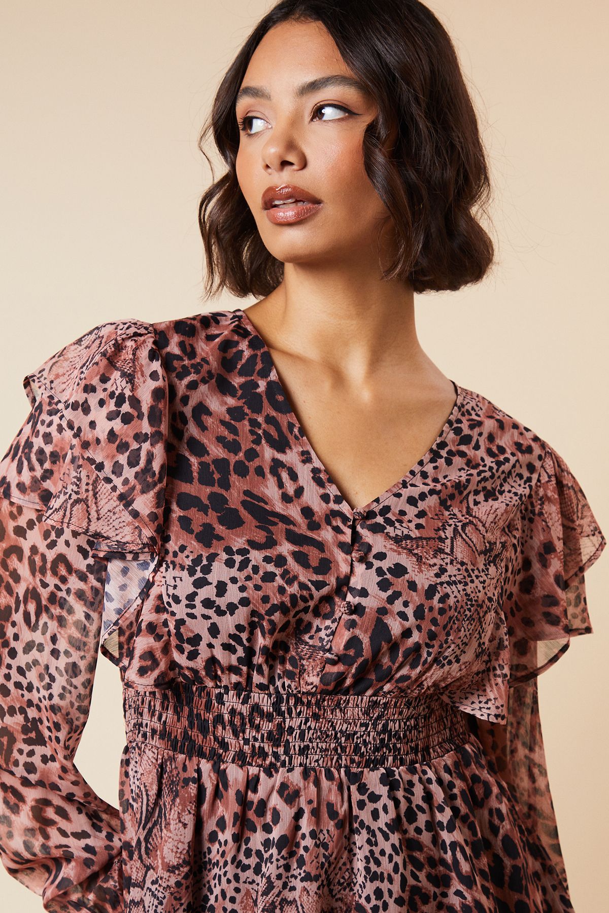 Dorothy Perkins Animal Shirred Waist Button Front Chiffon Long Sleeve Blouse Animal image 2