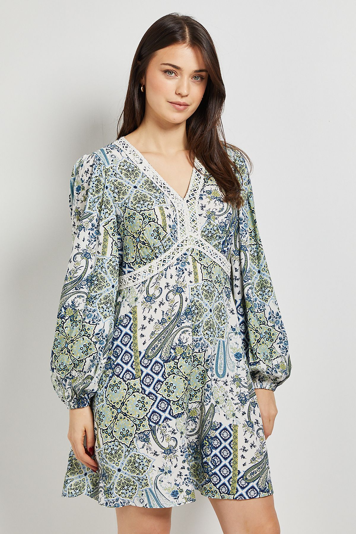 Dorothy Perkins Paisley Lace Trim Long Sleeve Printed Mini Dress Green