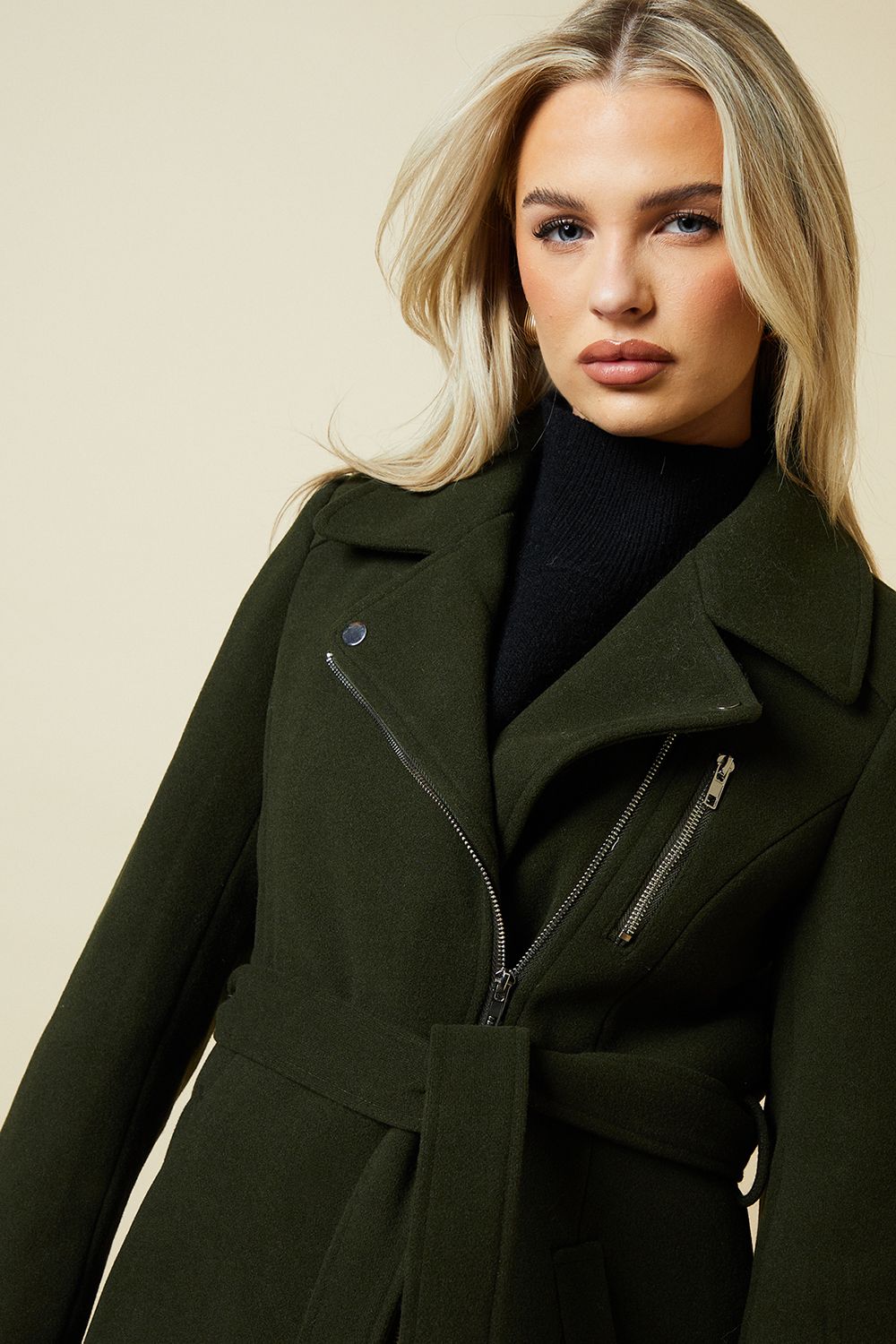 Dorothy Perkins Petite Zip Through Belted Wrap Coat Forest image 4