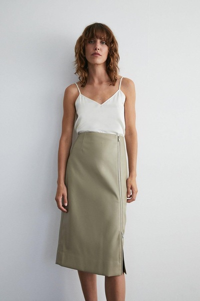 Warehouse Zip Detail Pencil Skirt Neutral
