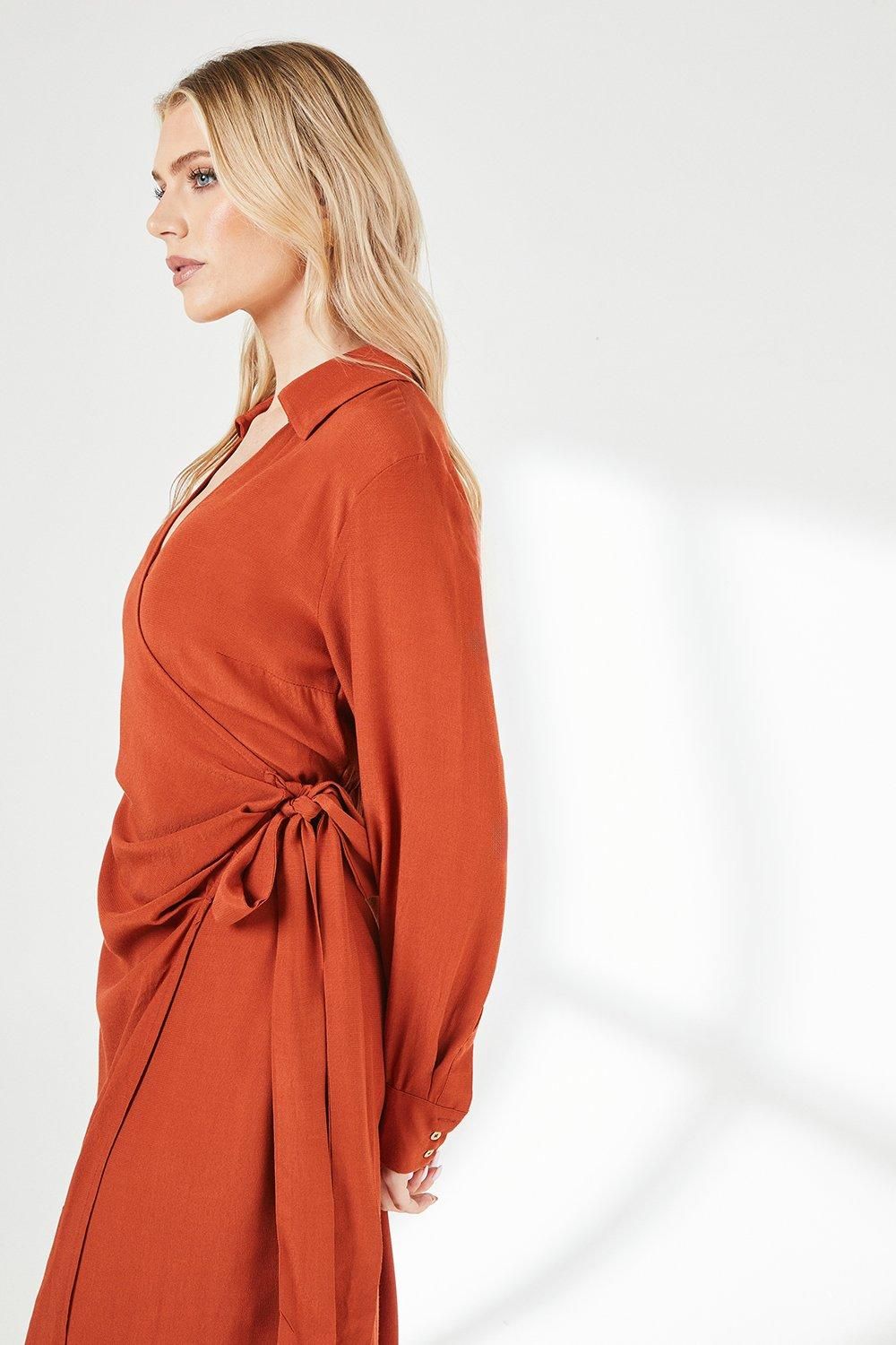 Principles Red Belt Detail Collared Wrap Dress Rust image 2