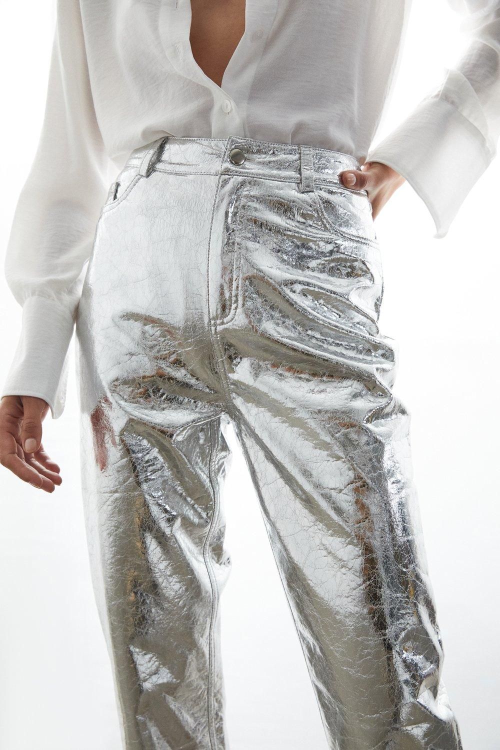 Warehouse Crackle Faux Leather Straight Trouser Silver image 2