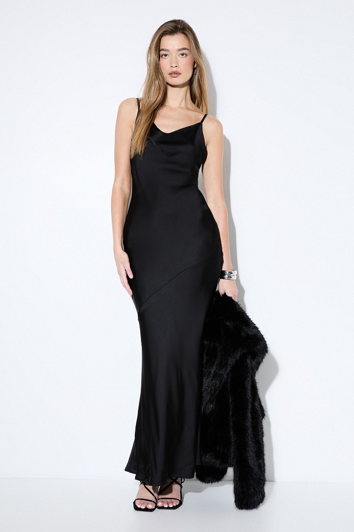 MissPap Premium Satin Bow Back Bias Cut Bridesmaid Dress Black image 1