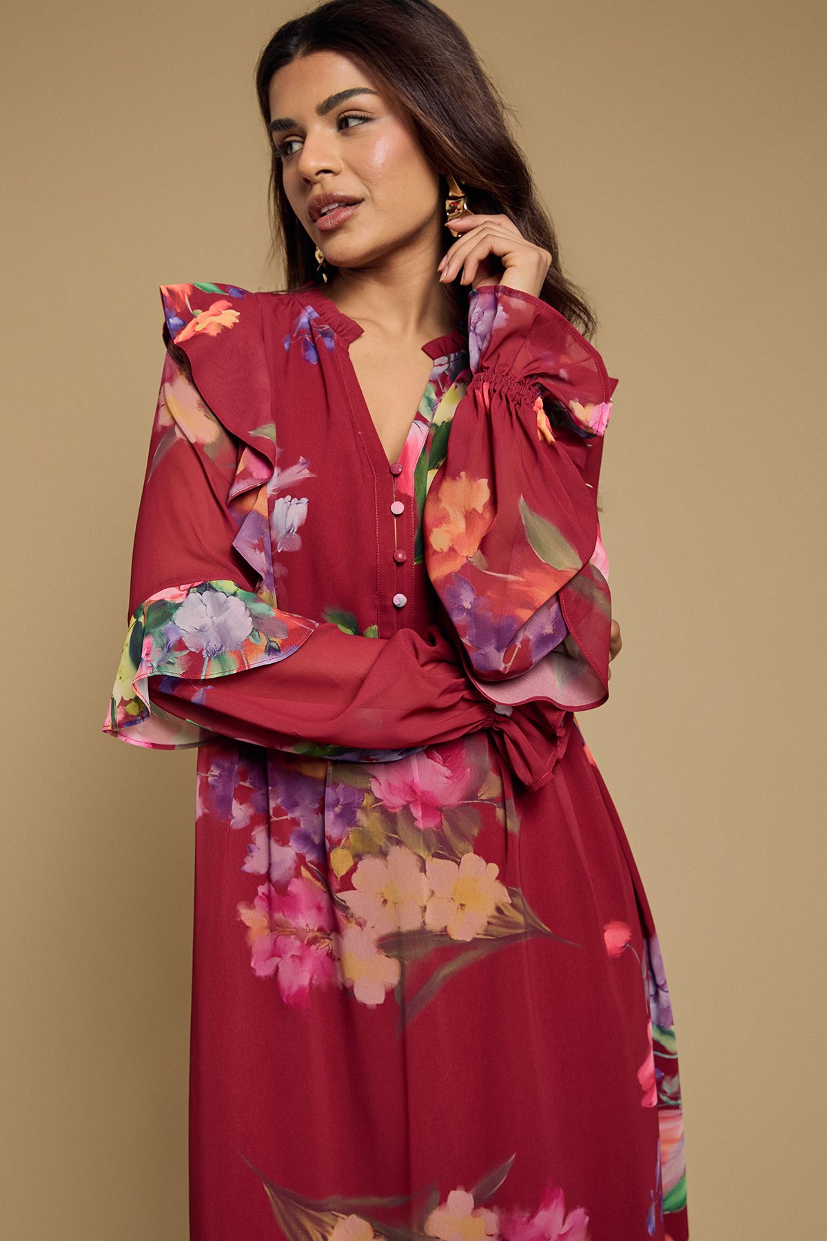 Oasis Petite Long Sleeve Ruffle Chiffon Tiered Maxi Dress Red image 4