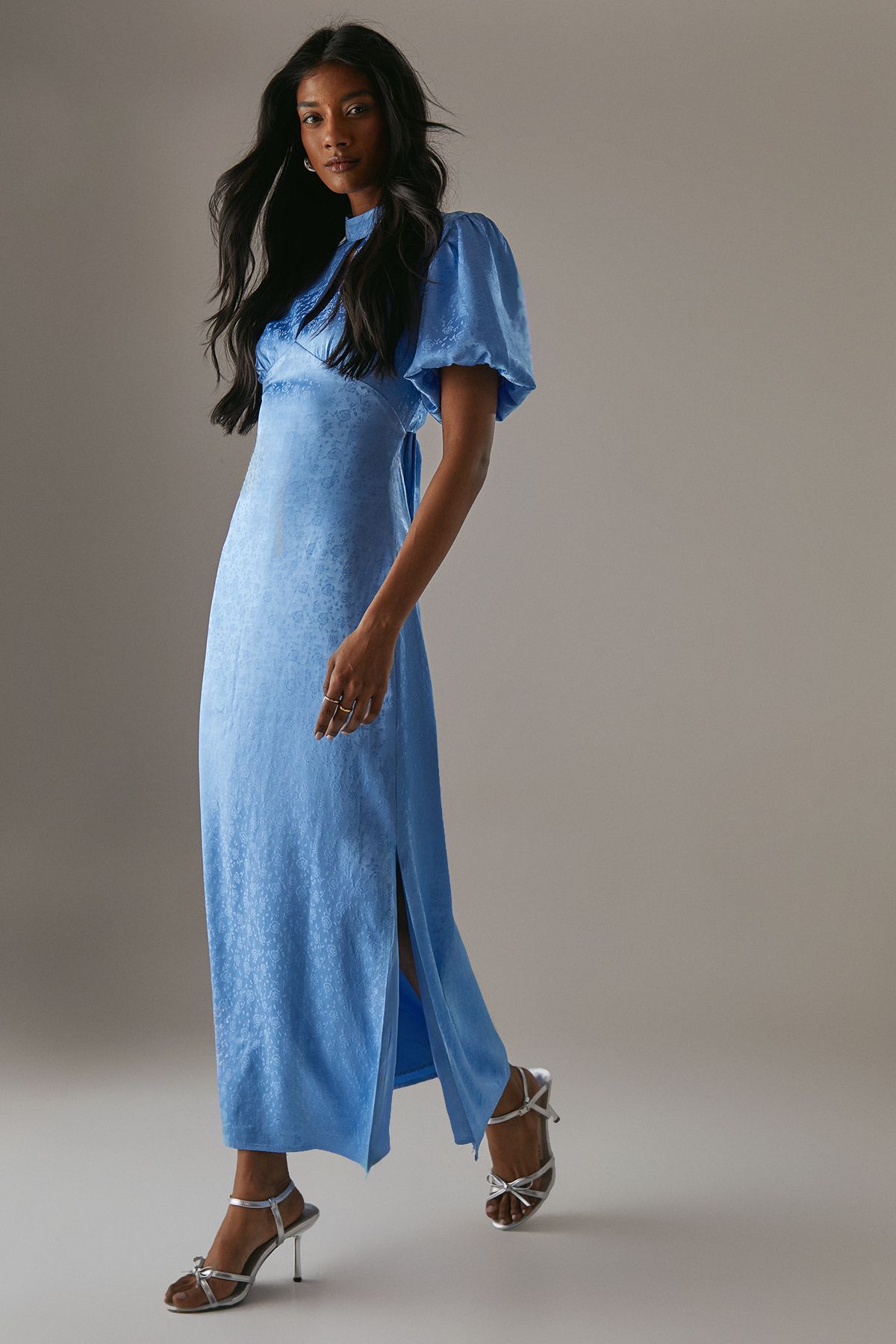 Warehouse Rose Satin Jacquard Puff Sleeve Tie Back Midi Dress Blue image 2