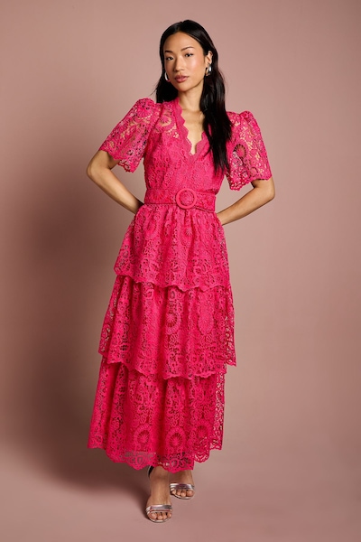 Coast Short Sleeve V Neck Tiered Lace Midi Dress Raspberry