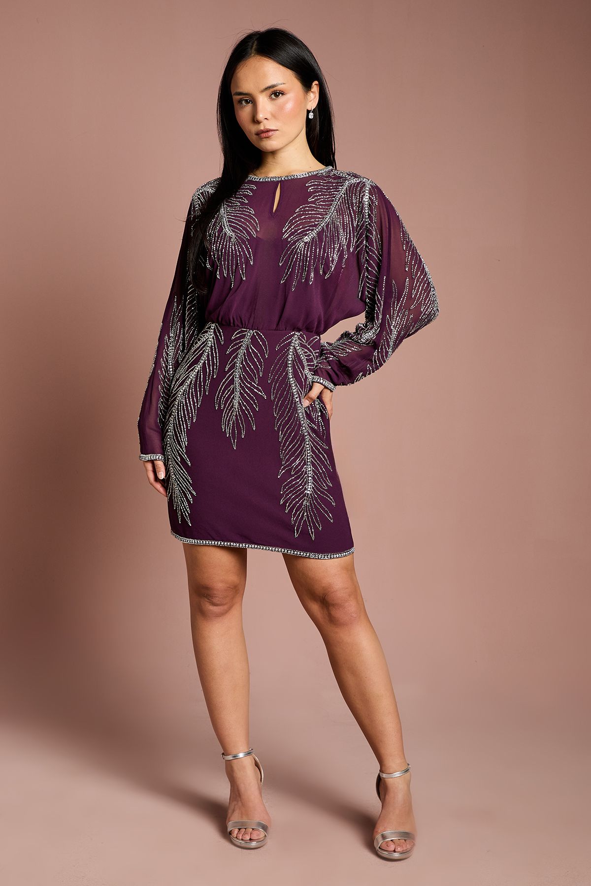 Coast Petite Long Sleeve Placement Feather Embellished Mini Dress Red image 2