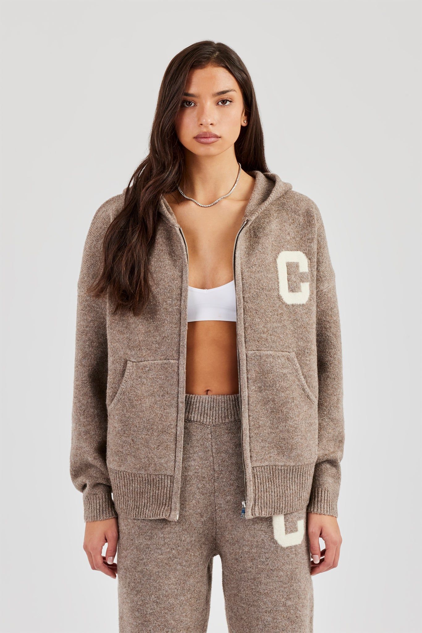 Cernucci Hooded Zip Through Knitted Jumper - Taupe image 4