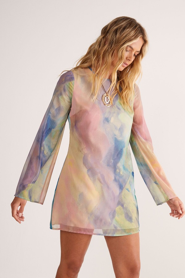 NastyGal Chiffon Marble Print Flared Sleeve Tunic Mini Dress Multi