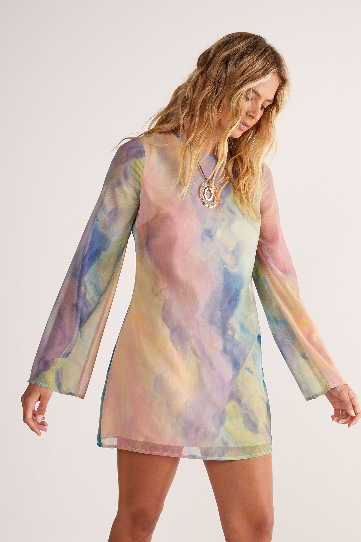 NastyGal Chiffon Marble Print Flared Sleeve Tunic Mini Dress Multi image 1