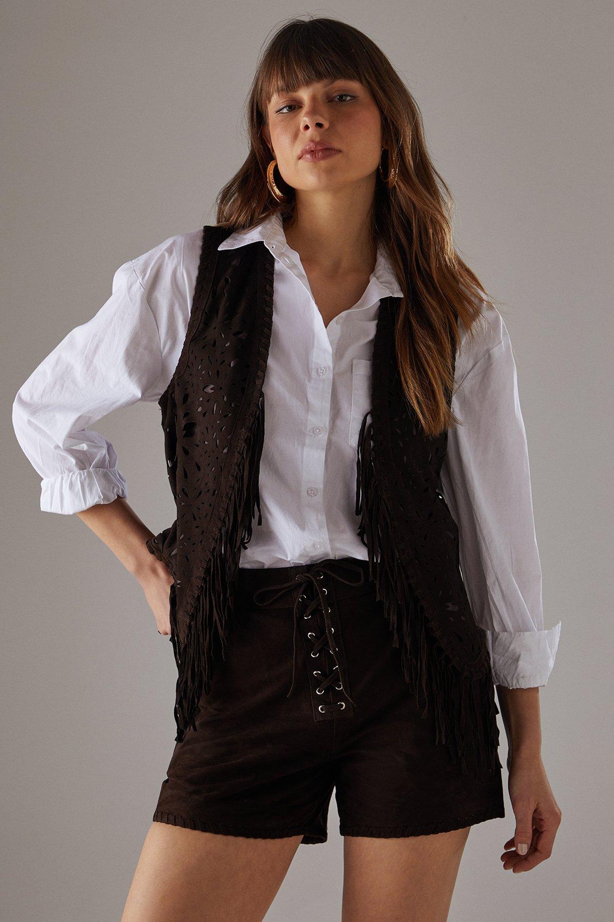 Warehouse Real Suede Fringed Waistcoat Chocolate image 1