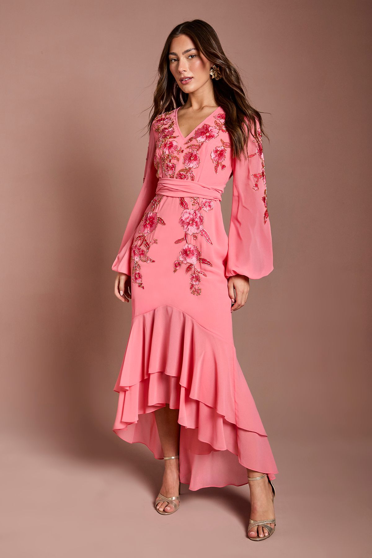 Coast Sequin Embellished And Embroidered High Low Maxi Dress Coral