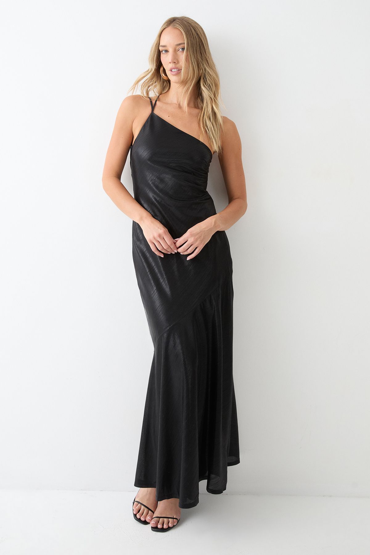 MissPap Asymmetric Neck Metallic Maxi Dress Black image 2