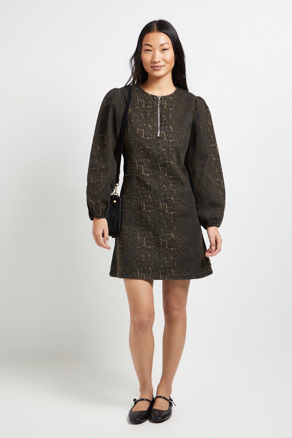 Dorothy Perkins Petite Leopard Zip Front Denim Mini Dress Leopard