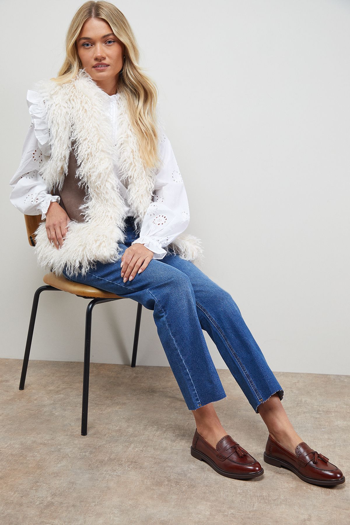 Oasis Bunny Real Leather Brogue Detail Tassel Loafers Dark Tan image 1