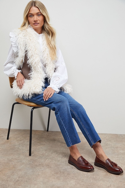 Oasis Bunny Real Leather Brogue Detail Tassel Loafers Dark Tan