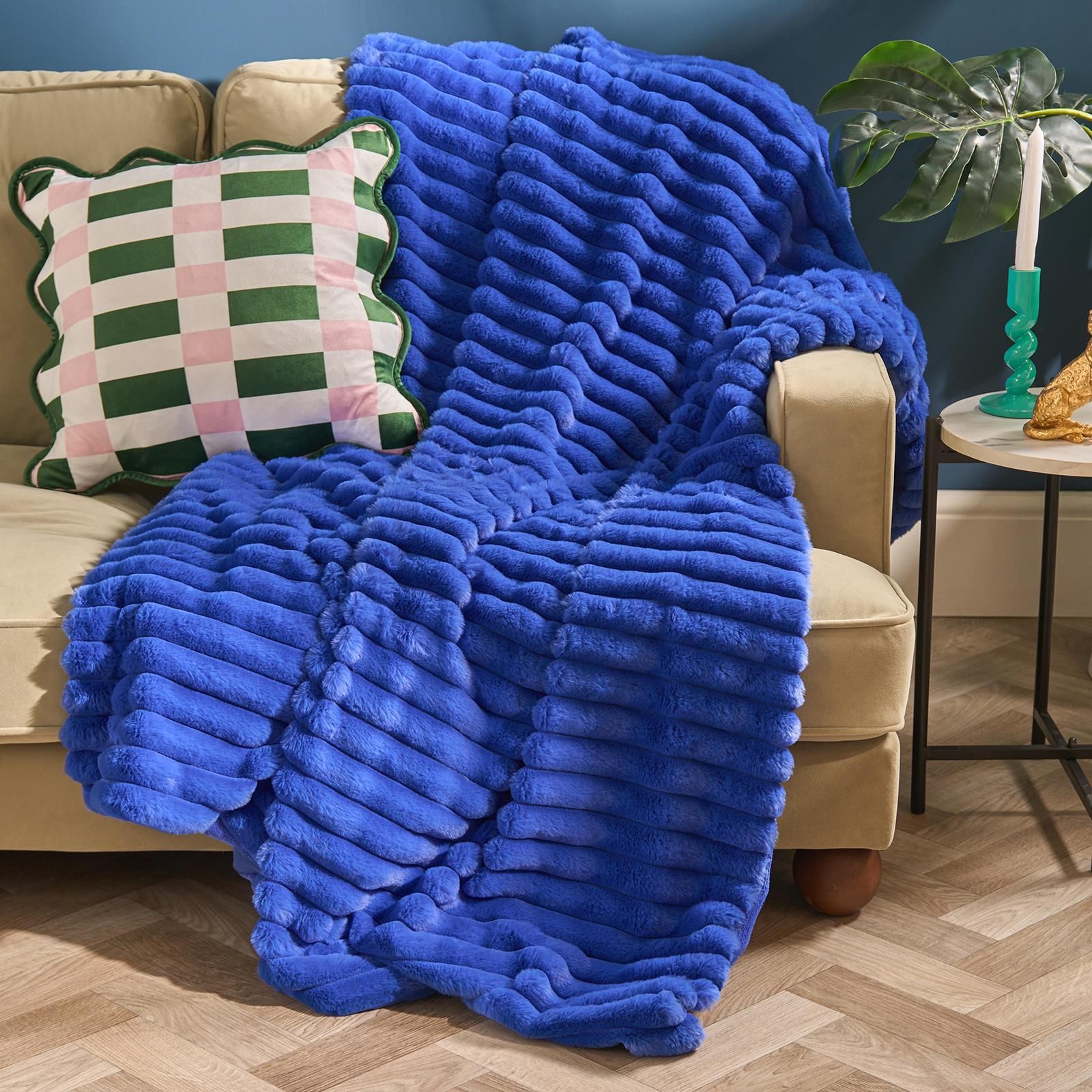 OHS Faux Fur Ribbed Fleece Throw Over Bed Blanket Winter Warm Supersoft