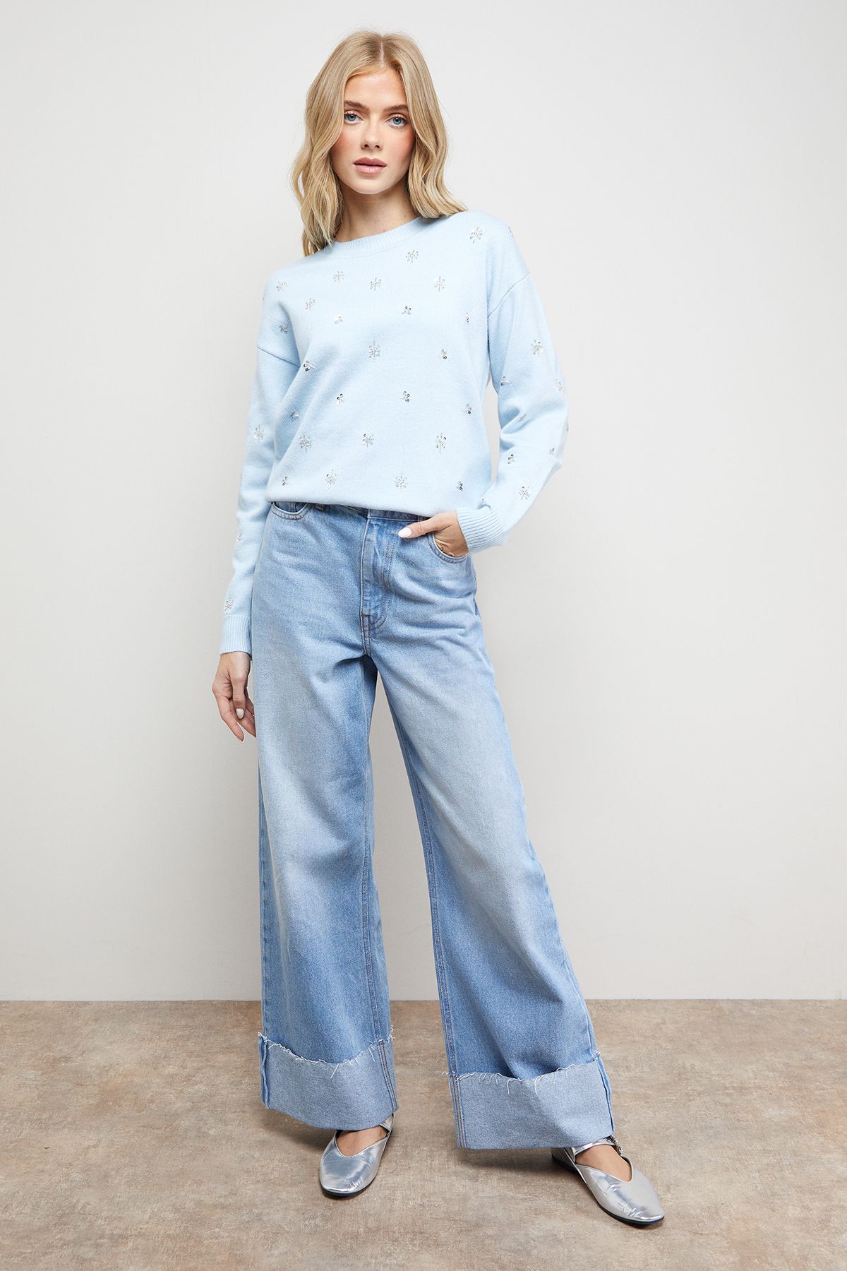 Oasis Embellished Crew Neck Jumper Sky Blue image 1