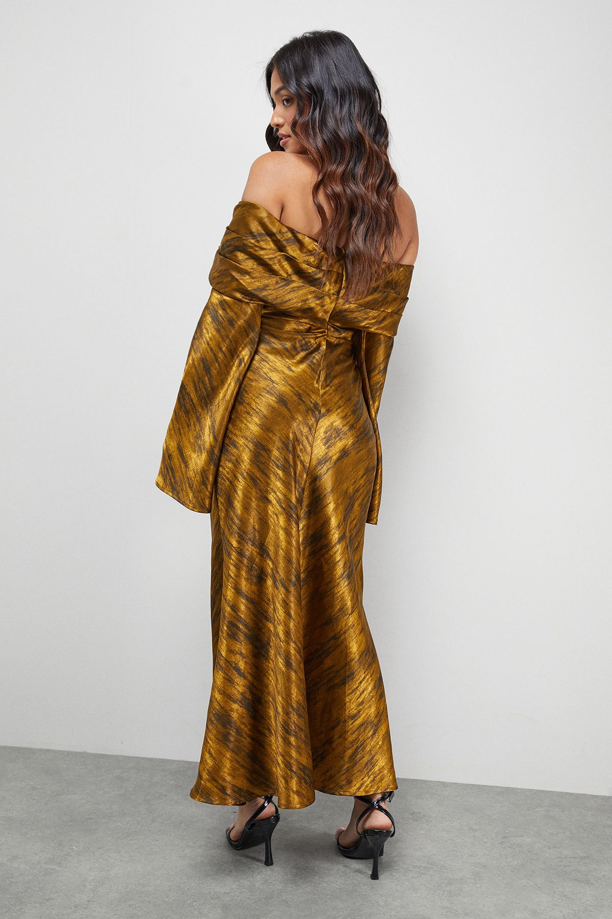 Warehouse Petite Shimmer Satin Foldover Bardot Bias Midi Dress Chocolate image 3