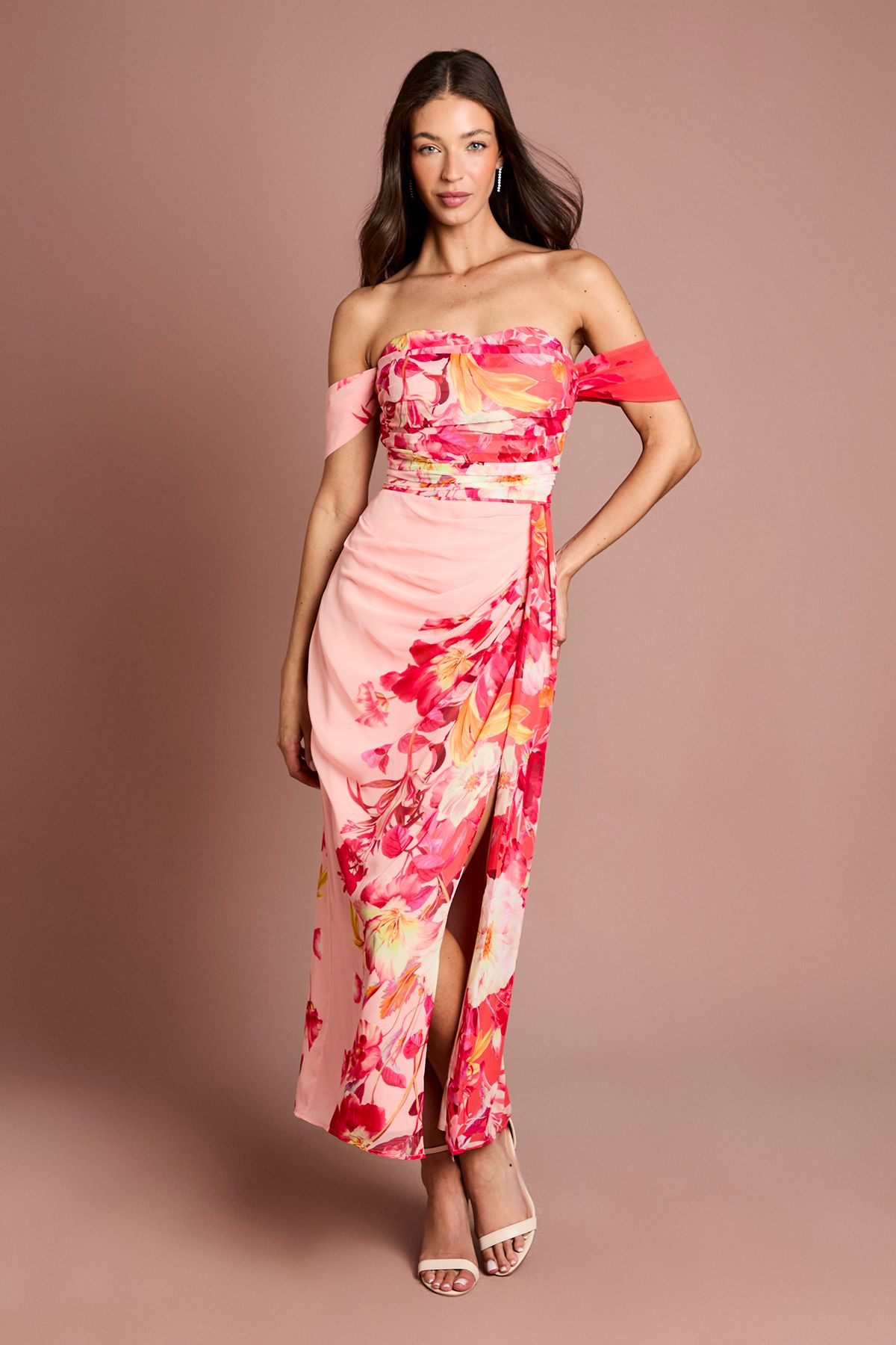 Coast Off The Shoulder Floral Print Drape Chiffon Dress Coral