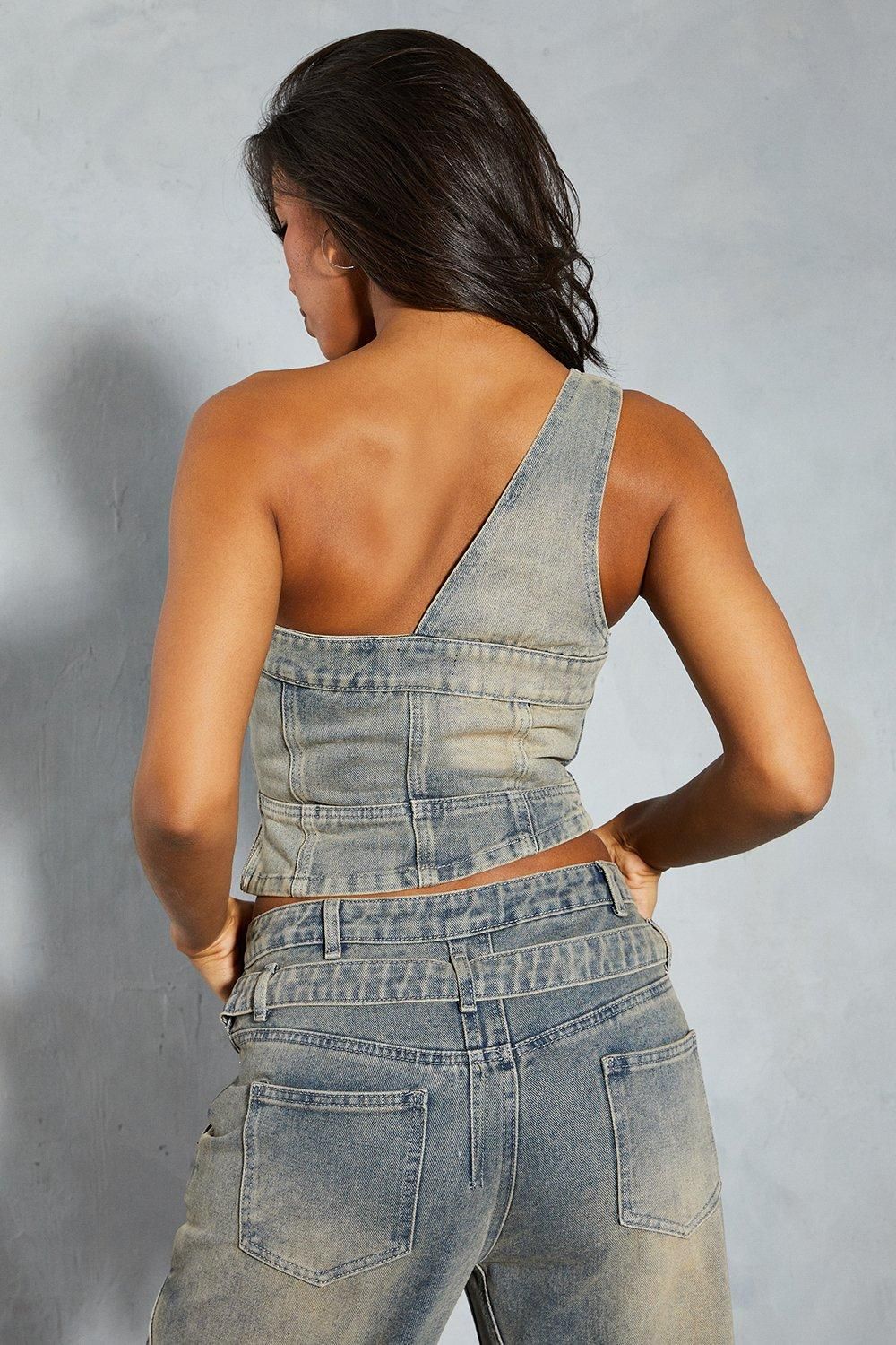 MissPap Denim One Shoulder Deconstructed Top Vintage Wash image 3