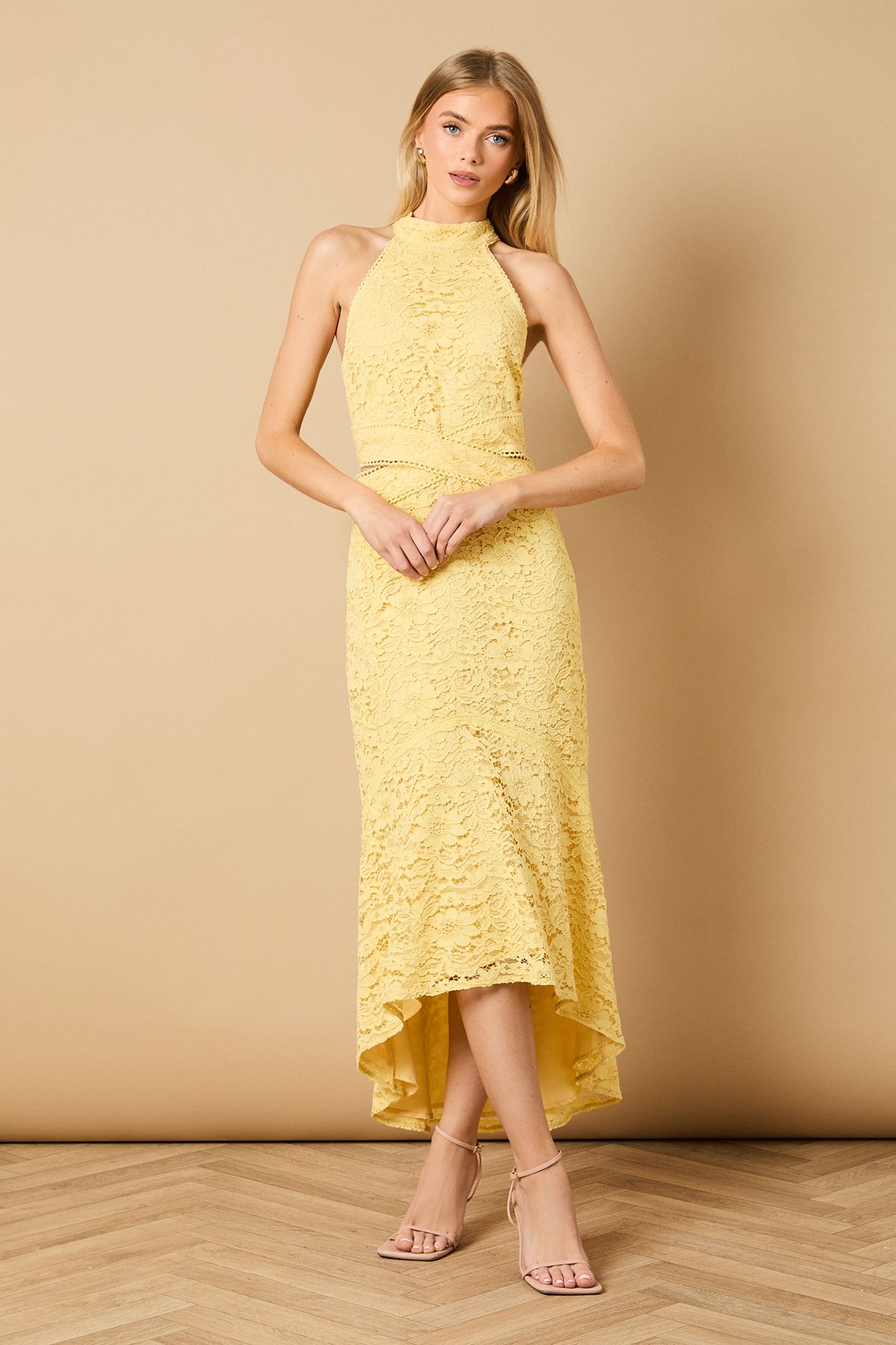 Oasis Lace Detail High Low Halterneck Midi Dress Lemon image 1