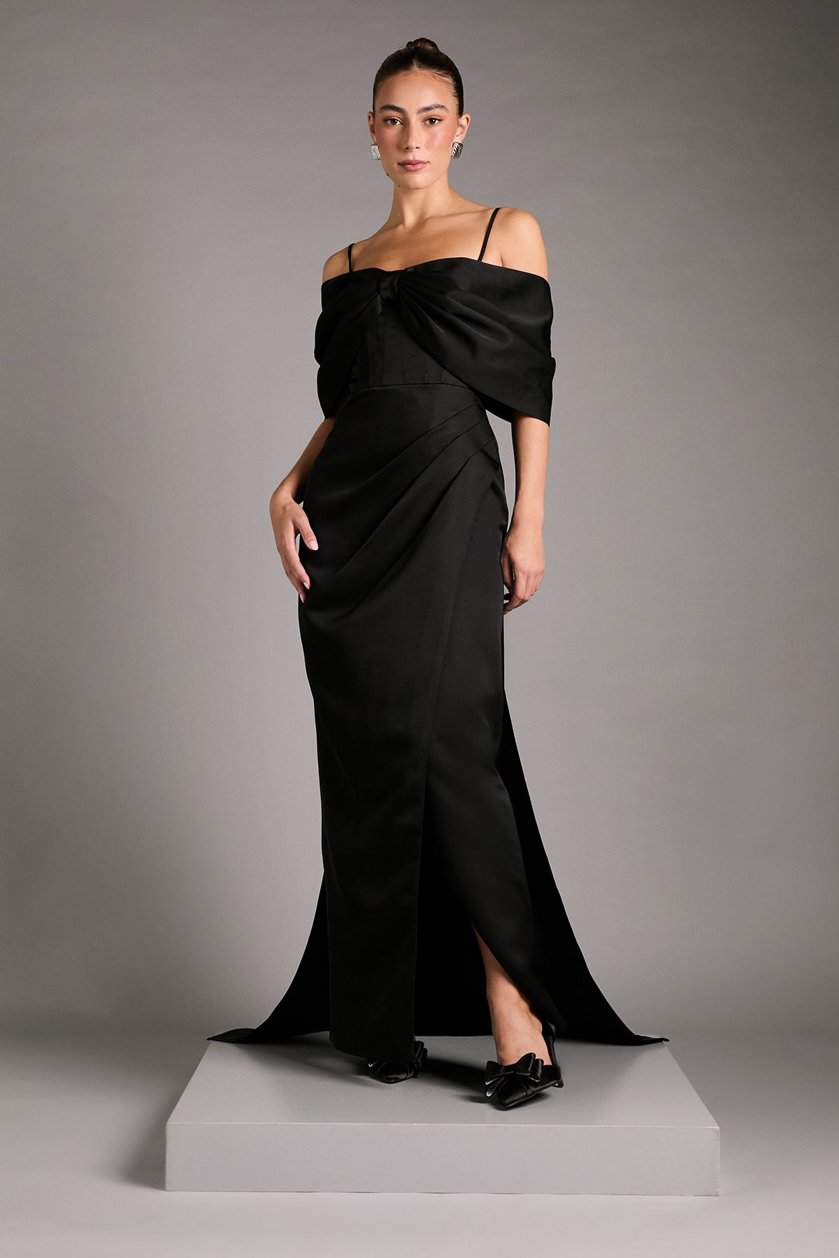 Coast Bardot Satin Dress With Bow Back Detail Black image 1