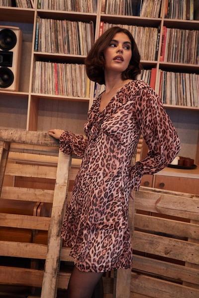 Oasis Ruffle Neckline Chiffon Mini Dress Animal