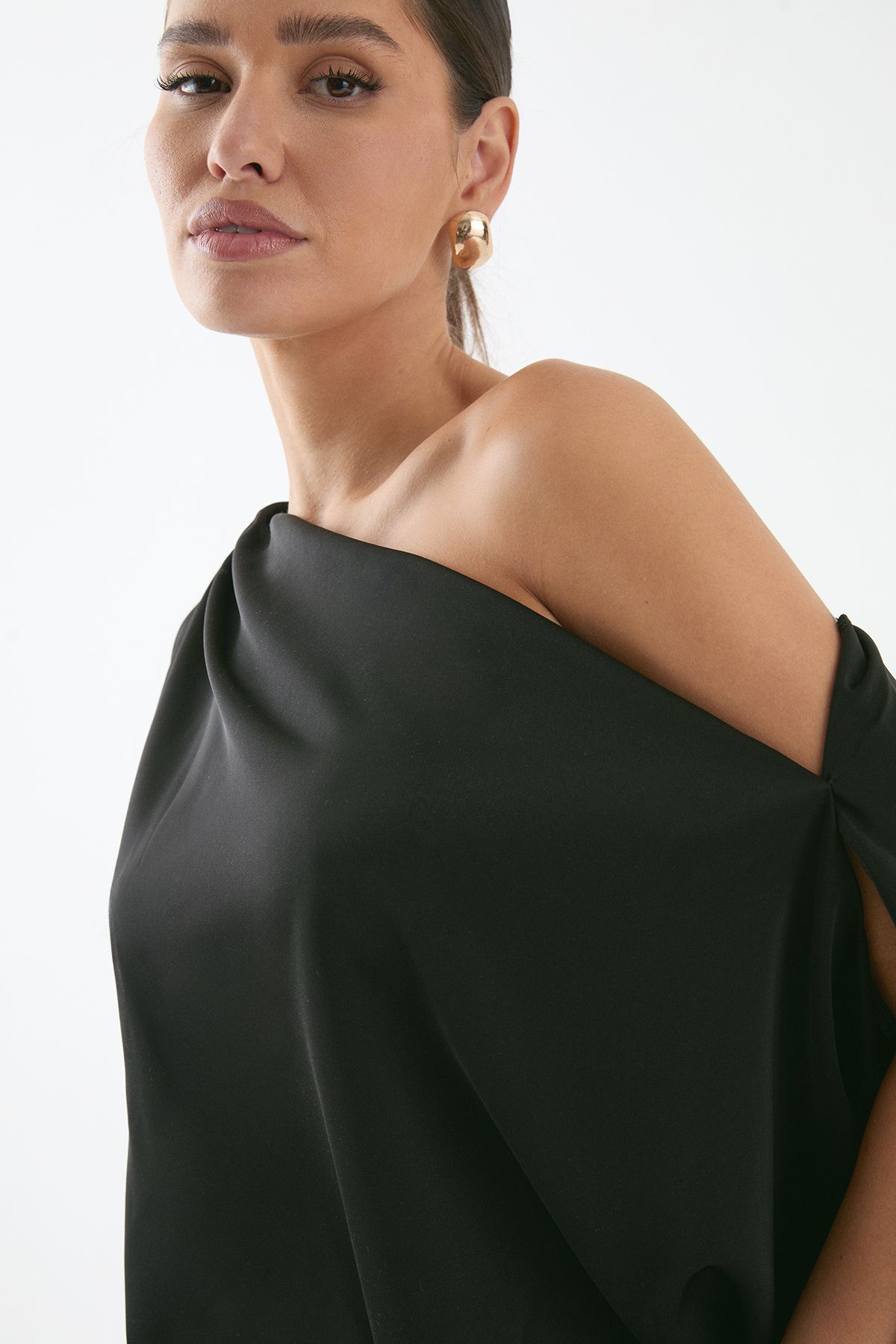 MissPap Satin Off Shoulder Asymmetric Bodycon Mini Dress Black image 2