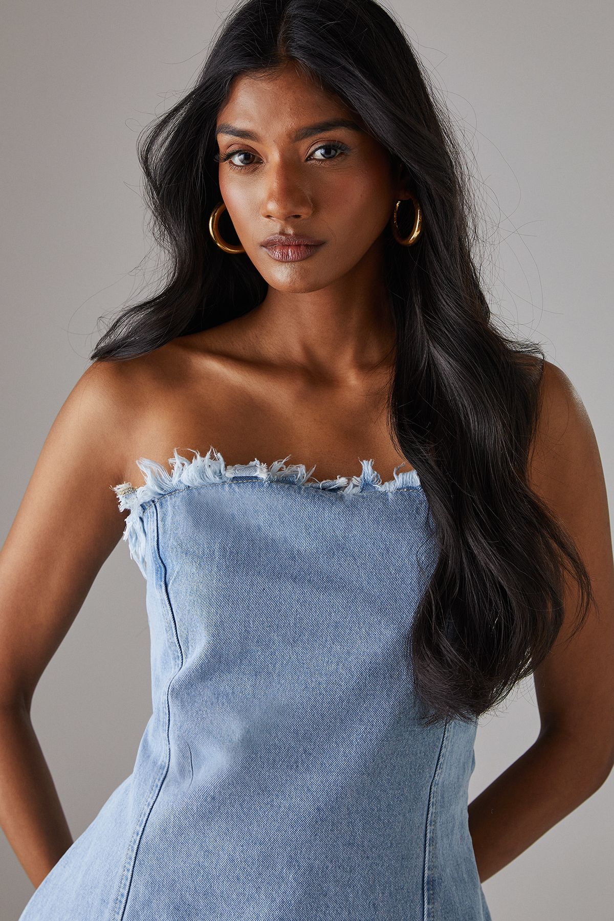 Warehouse Fray Detail Denim Bandeau Top Light Wash image 2