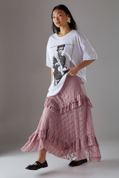 Warehouse Petite Rose Lace Ruffle Tier Maxi Skirt Rose